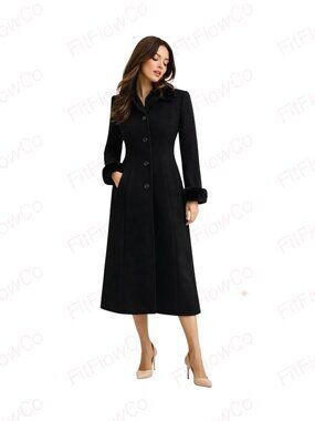 Donnybrook Black 100% Wool Faux Fur Trim Coat Women Petite 2P XS